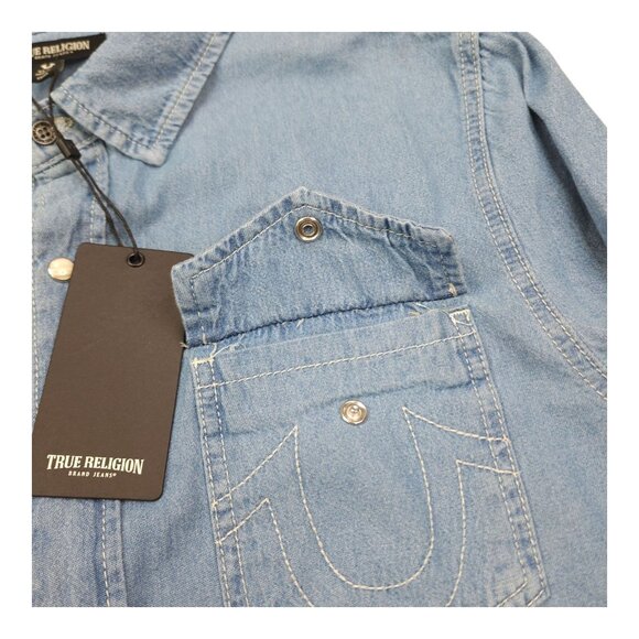 True Religion Light Blue Chambray Long Sleeve Shirt M Snaps Denim Chest Pockets - Picture 7 of 13